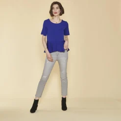 Blouse asymétrique manches courtes col V dos bas volanté femme - Bleu électrique