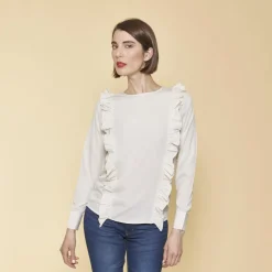 Blouse asymétrique manches longues volants femme - Sable beige
