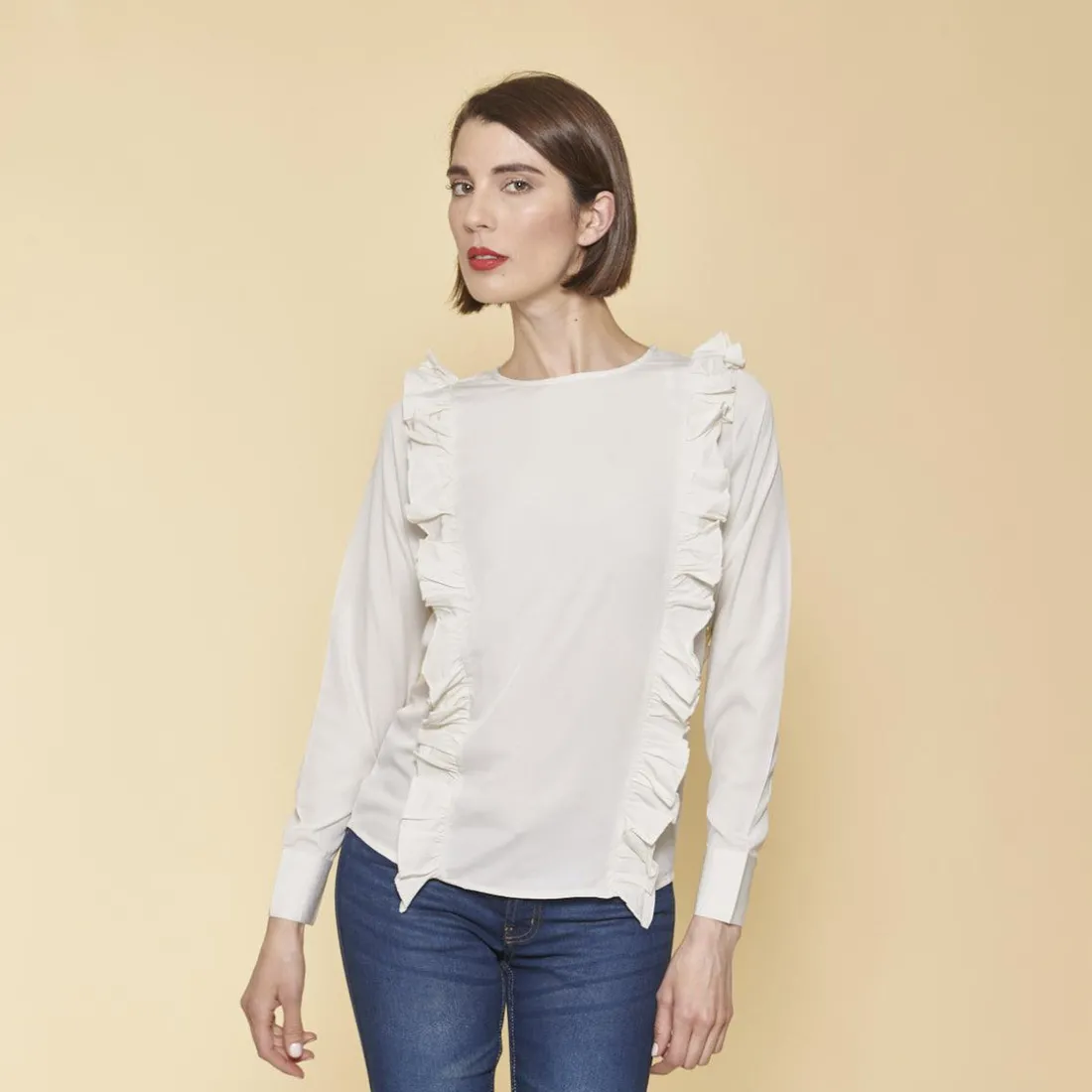 Blouse asymétrique manches longues volants femme - Sable beige