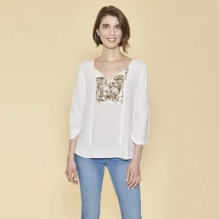 Blouse asymétrique sequins devant manches 3/4 femme - écru blanc en viscose