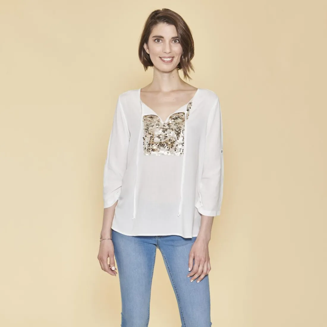 Blouse asymétrique sequins devant manches 3/4 femme - écru blanc en viscose