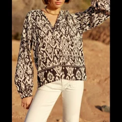 Blouse BEATA ikat noir en viscose