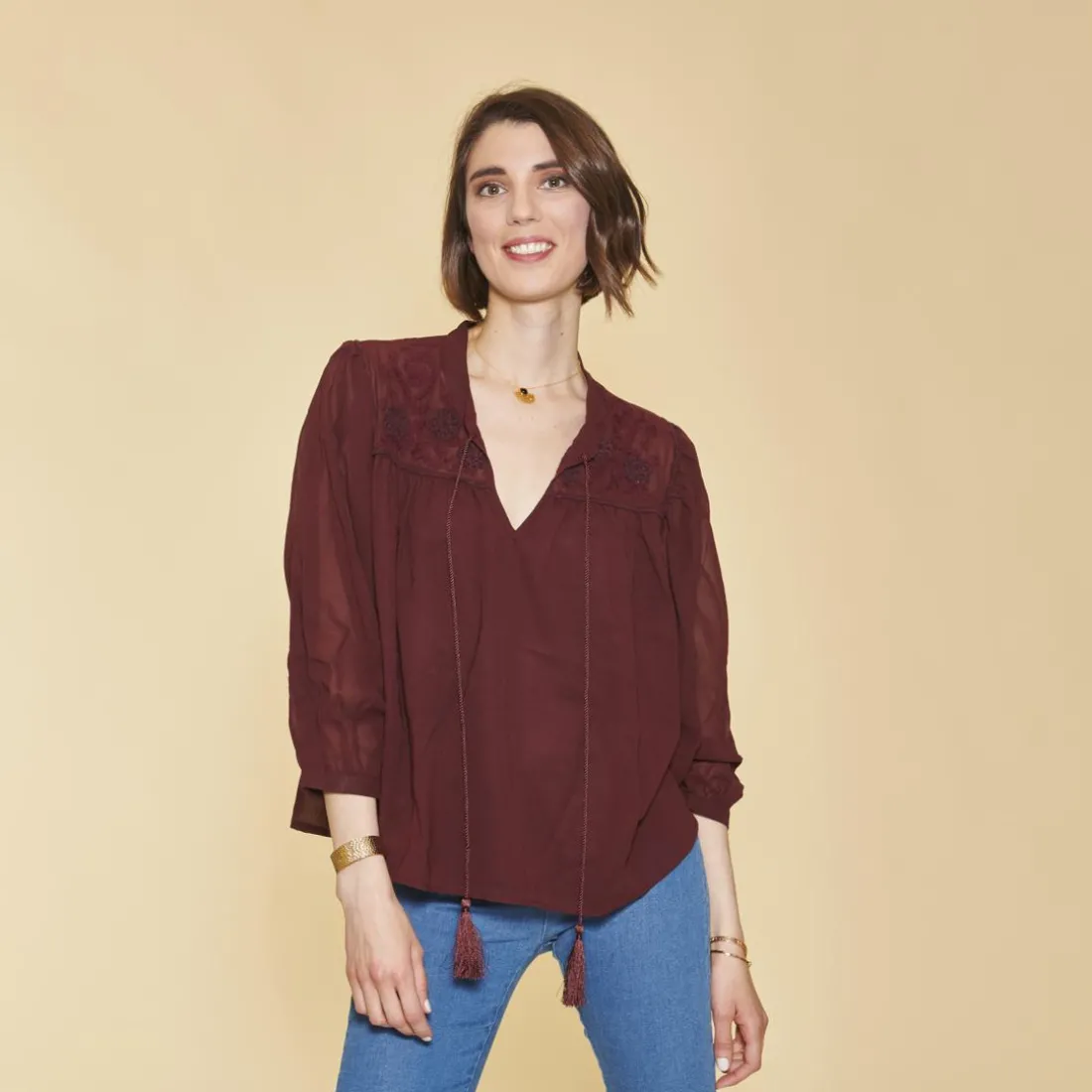 Blouse broderie manches chauve-souris femme - Lie De Vin rouge