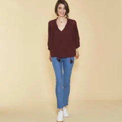 Blouse broderie manches chauve-souris femme - Lie De Vin rouge