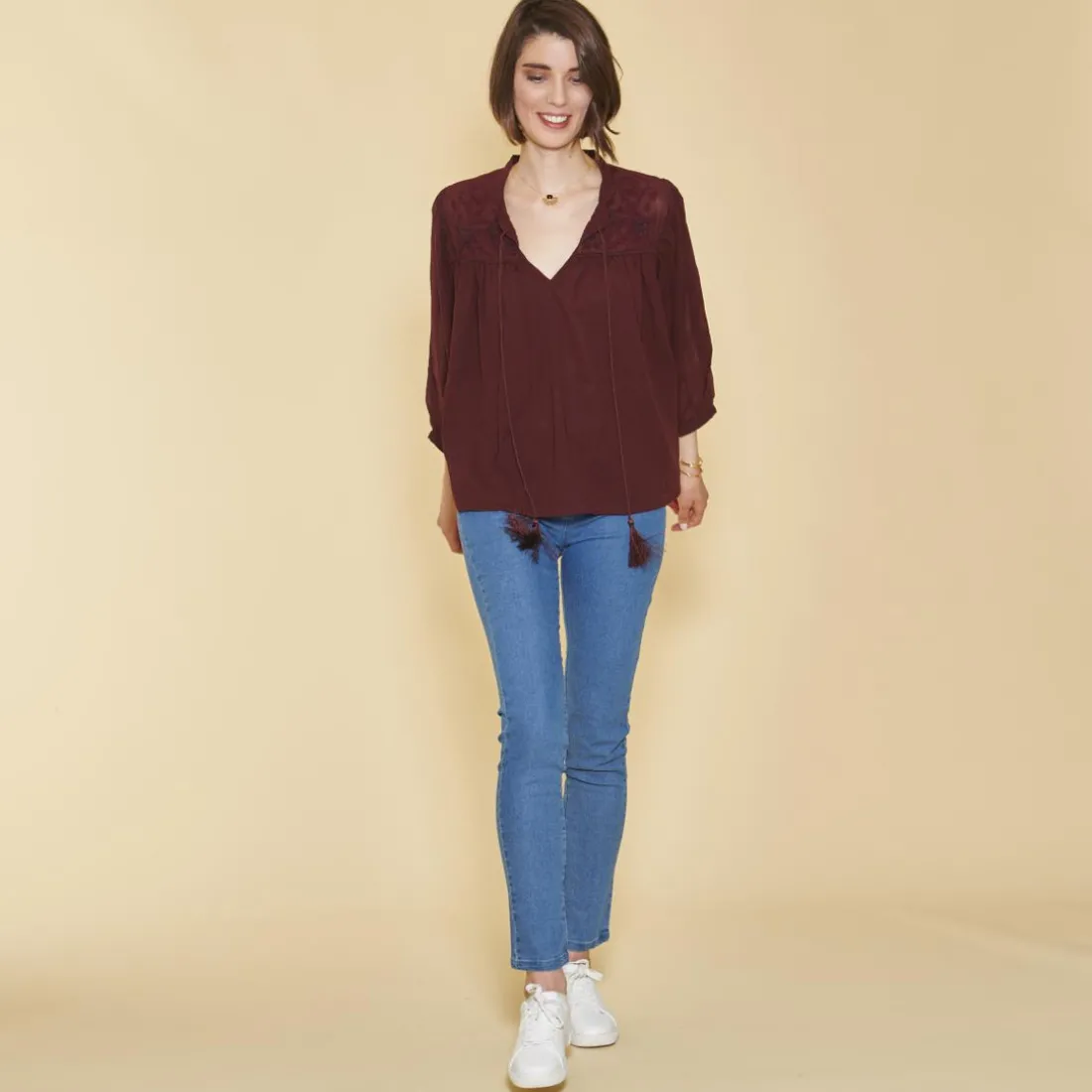 Blouse broderie manches chauve-souris femme - Lie De Vin rouge
