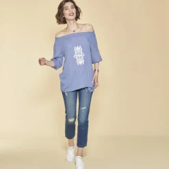 Blouse col bateau manches 3/4 broderie femme - Bleu en viscose