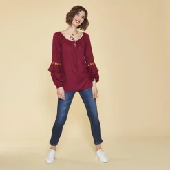 Blouse col caftan manches longues passementerie fronces et volants femme - Rouge Grenat en viscose
