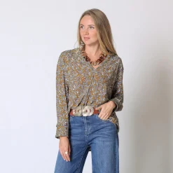 Blouse col chemise fluide imprimée Lison moutarde en viscose