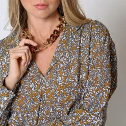 Blouse col chemise fluide imprimée Lison moutarde en viscose