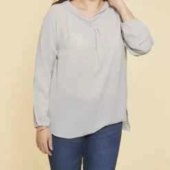 Blouse col drapé devant et V dos avec dentelle manches longues grandes tailles femme - Gris Perle