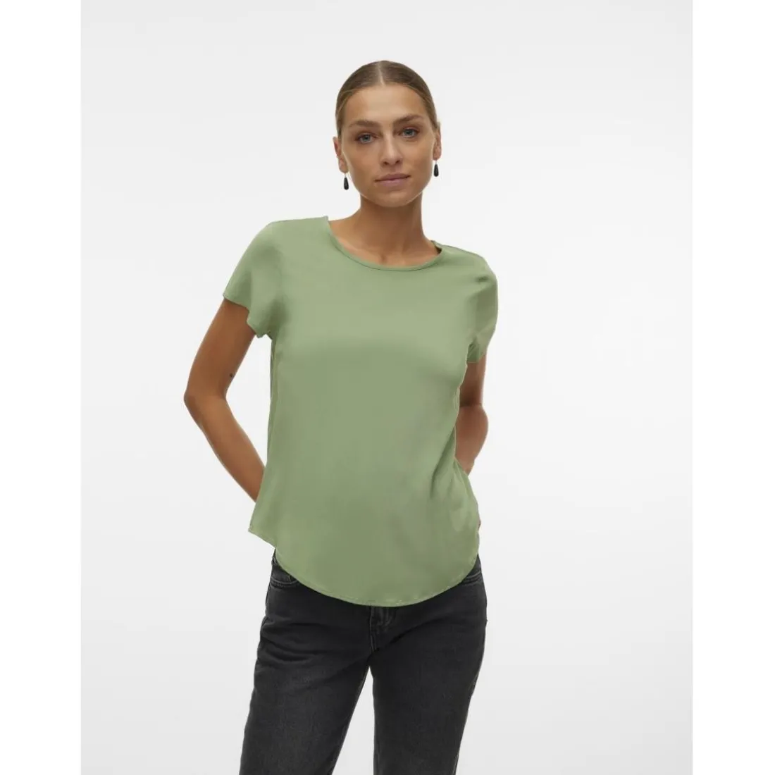 Blouse col rond manches courtes vert en viscose Pia