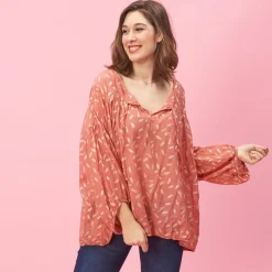 Blouse col V imprimée plumes Kate en viscose