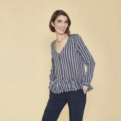 Blouse col V manches longues volant effet froncé femme - Bleu Marine en viscose
