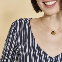 Blouse col V manches longues volant effet froncé femme - Bleu Marine en viscose