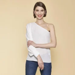 Blouse encolure asymétrique une manche femme - Blanc en laine