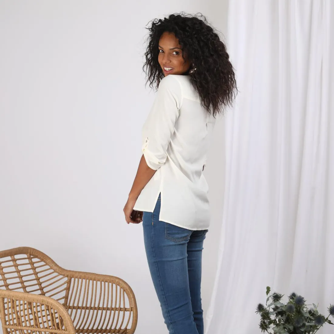 Blouse fendue manches 3/4 ajustables femme - écru blanc