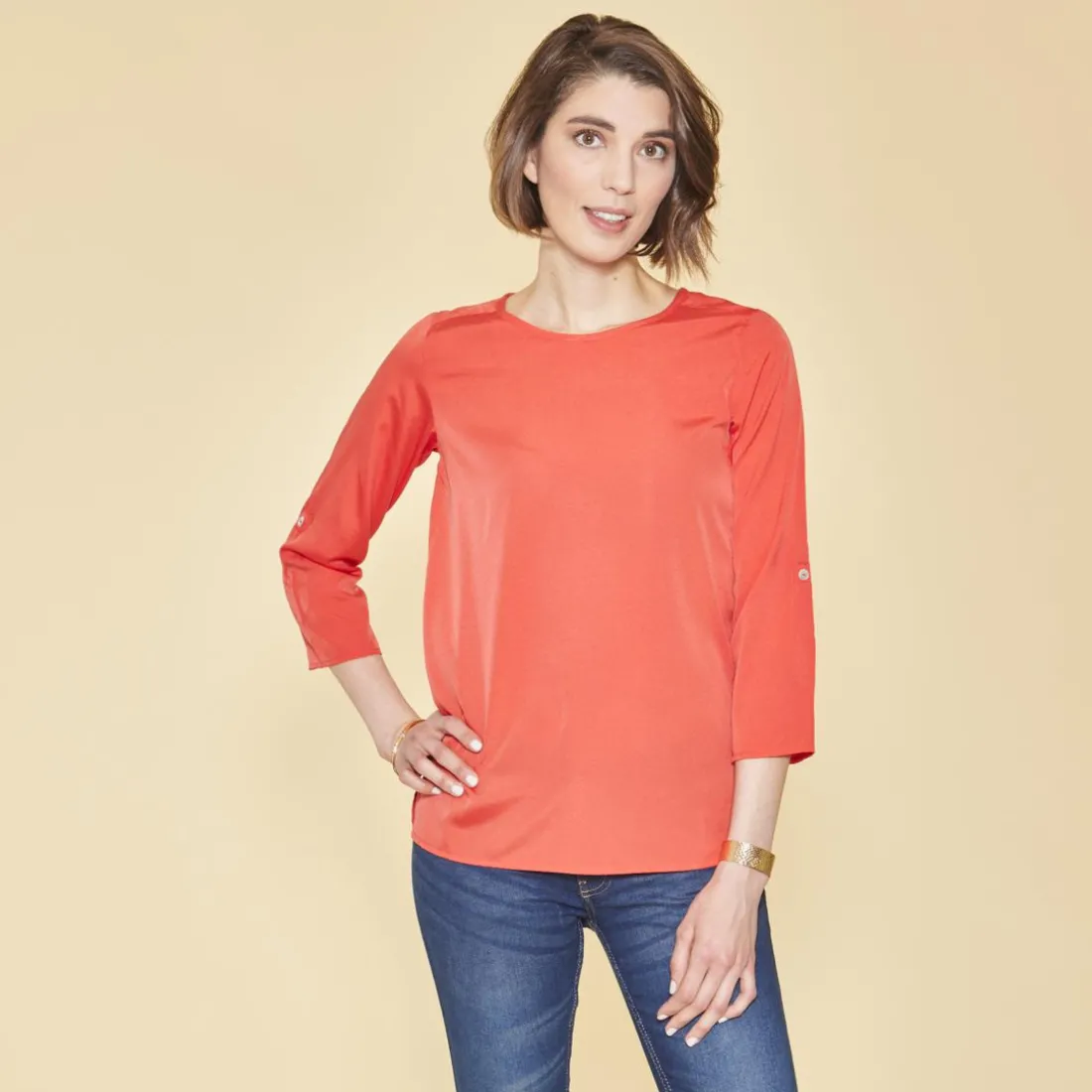 Blouse fendue manches 3/4 ajustables femme orange