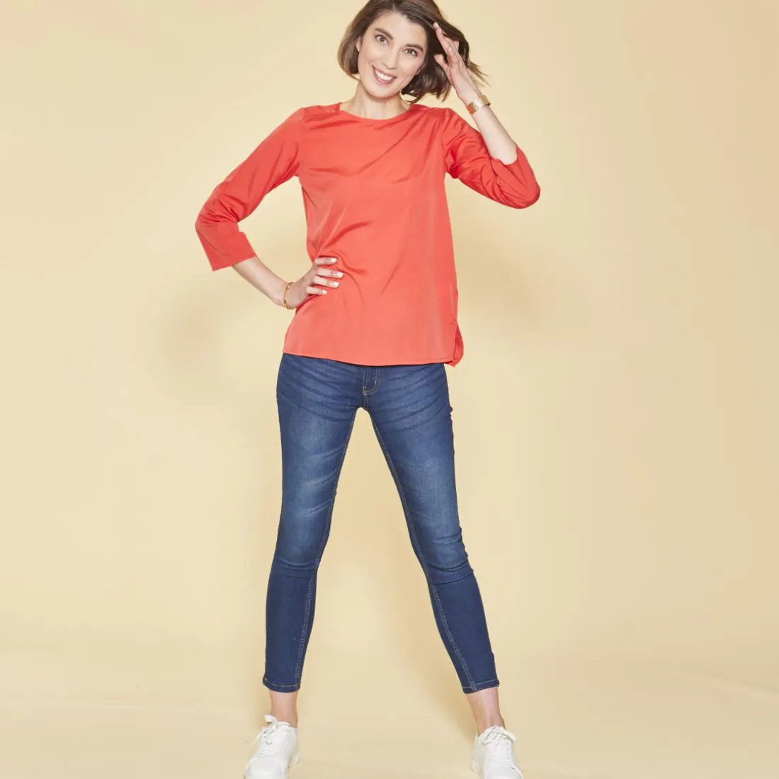 Blouse fendue manches 3/4 ajustables femme orange