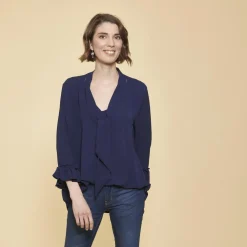 Blouse fluide manches volantées bleu marine