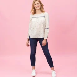 Blouse froncée manches longues broderie femme - Beige blanc en coton
