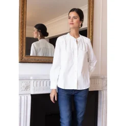 Blouse froncée manches longues femme - Blanc en coton