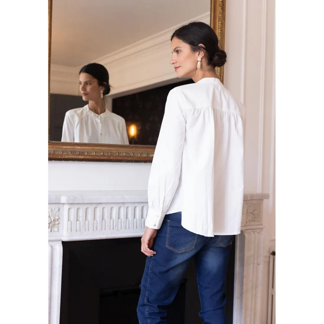 Blouse froncée manches longues femme - Blanc en coton