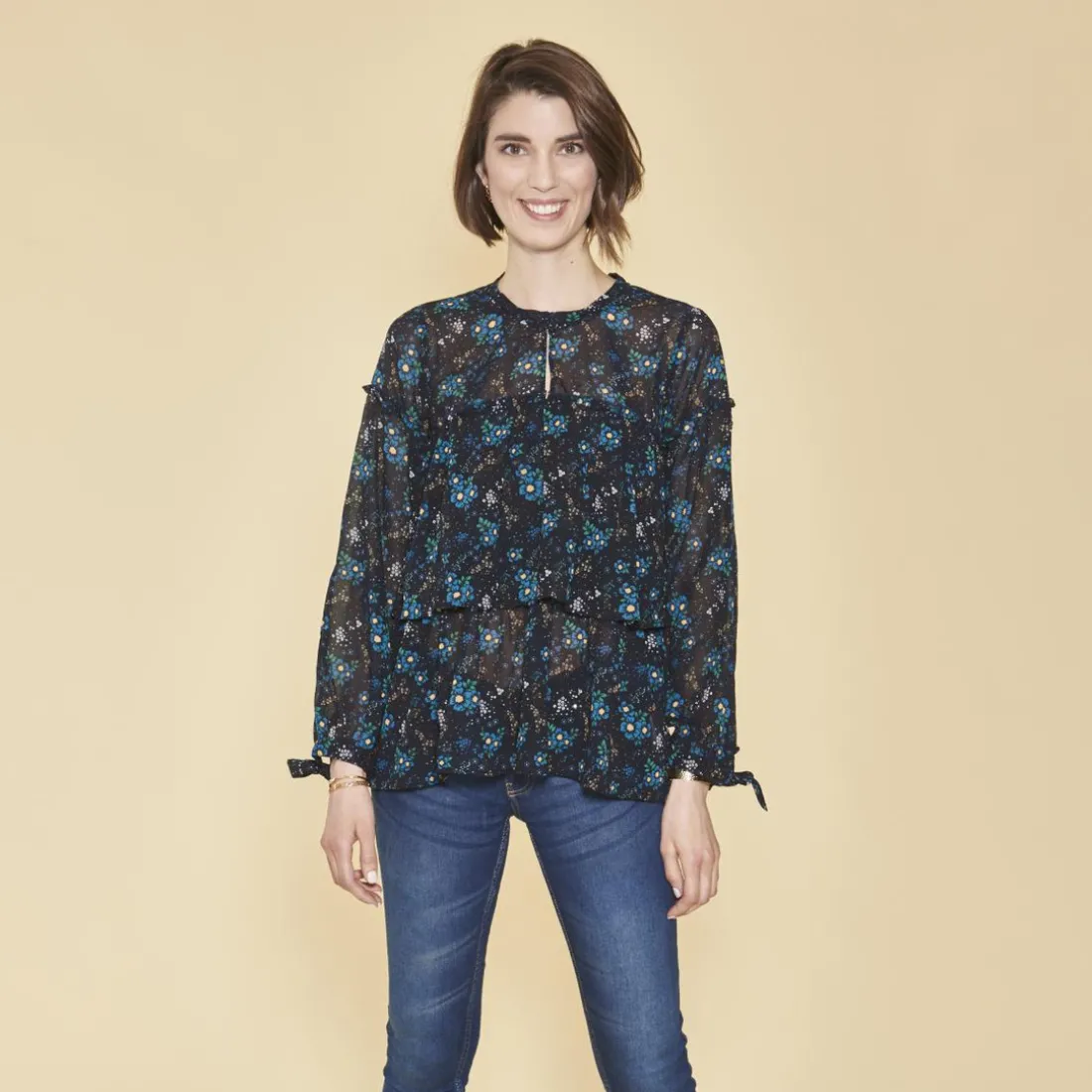 Blouse imprimée à volants manches longues à nouer femme - Imprimé Bleu Indigo