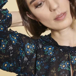 Blouse imprimée à volants manches longues à nouer femme - Imprimé Bleu Indigo
