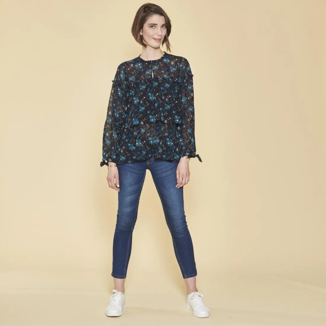 Blouse imprimée à volants manches longues à nouer femme - Imprimé Bleu Indigo