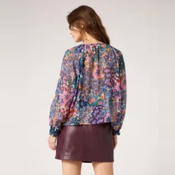 Blouse imprimée col avec lien bleu