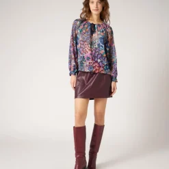 Blouse imprimée col avec lien bleu
