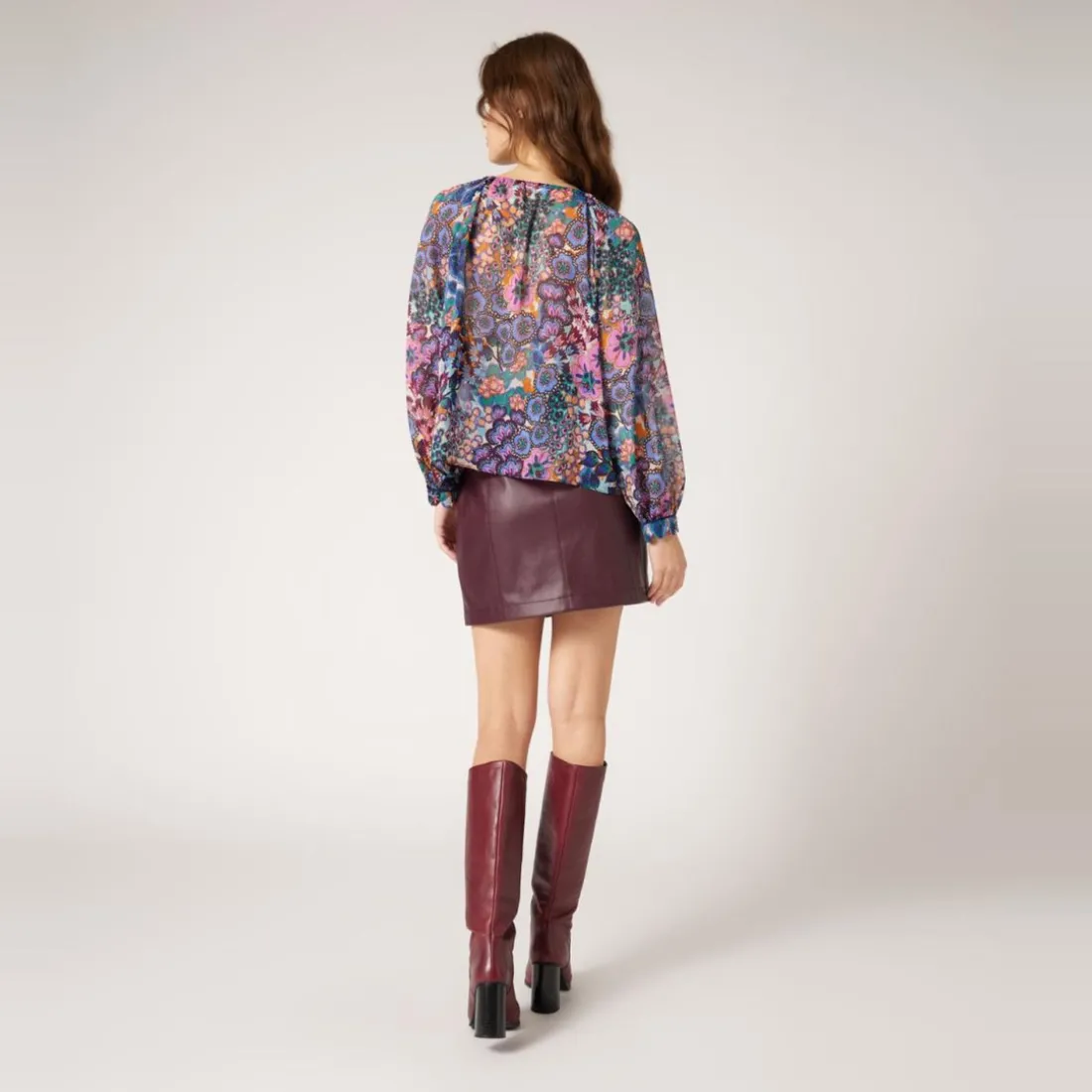 Blouse imprimée col avec lien bleu