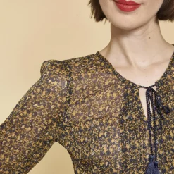 Blouse imprimée manches longues col caftan jeux de plis femme - Imprimé Bleu Marine