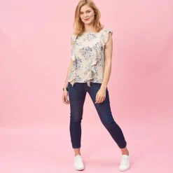 Blouse imprimée sans manche et volants femme - Noir beige en coton
