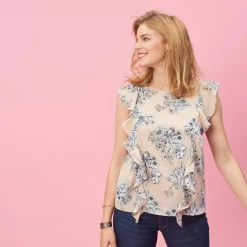 Blouse imprimée sans manche et volants femme - Noir beige en coton