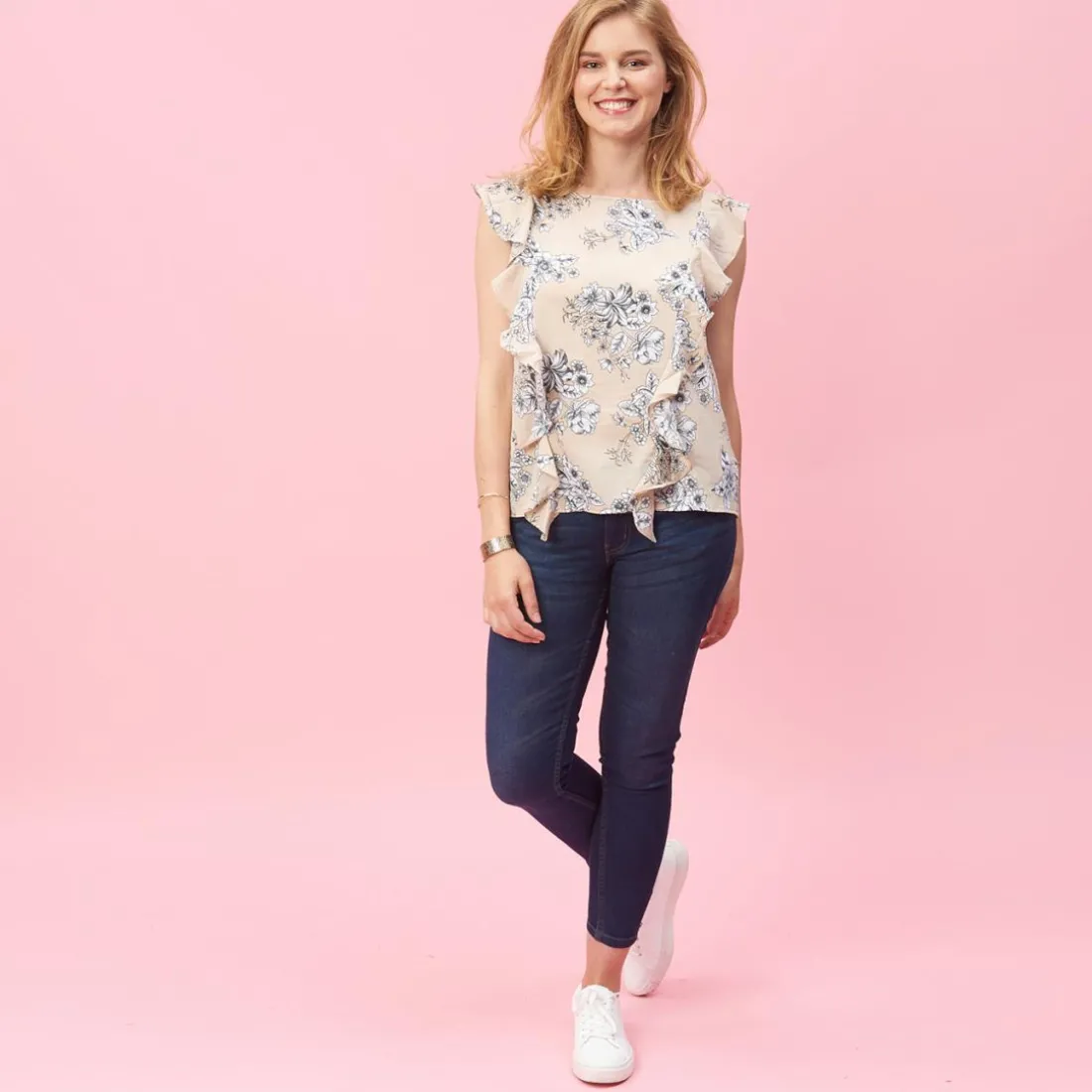 Blouse imprimée sans manche et volants femme - Noir beige en coton