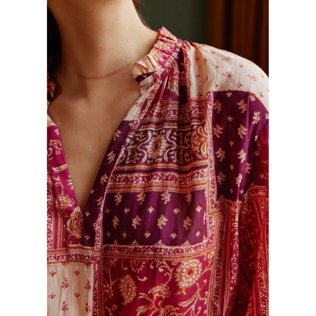 Blouse KIANA - Patchwork bordeaux en coton