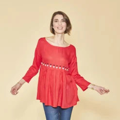 Blouse manches 3/4 ajustables broderie taille effet froncé femme - Rouge en viscose
