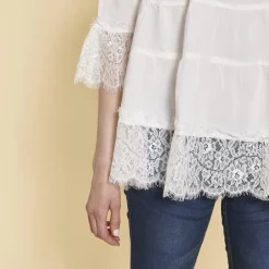 Blouse manches 3/4 pans froncés et volants femme - écru blanc en viscose