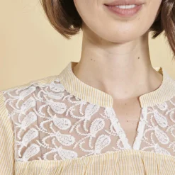 Blouse manches courtes broderie et fronces femme - Jaune en coton