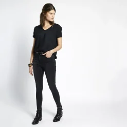 Blouse manches courtes col V détail dentelle Donna noir en viscose