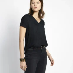 Blouse manches courtes col V détail dentelle Donna noir en viscose