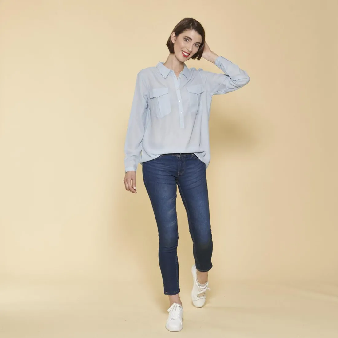 Blouse manches longues ajustables femme - Bleu Ciel