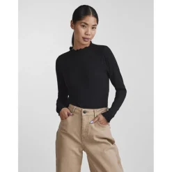 Blouse manches longues col haut noir en viscose Juno