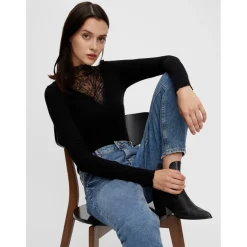 Blouse manches longues col haut noir en viscose Jade