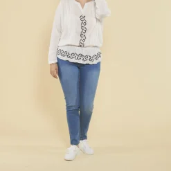 Blouse manches longues dentelle et broderie femme - écru blanc en viscose