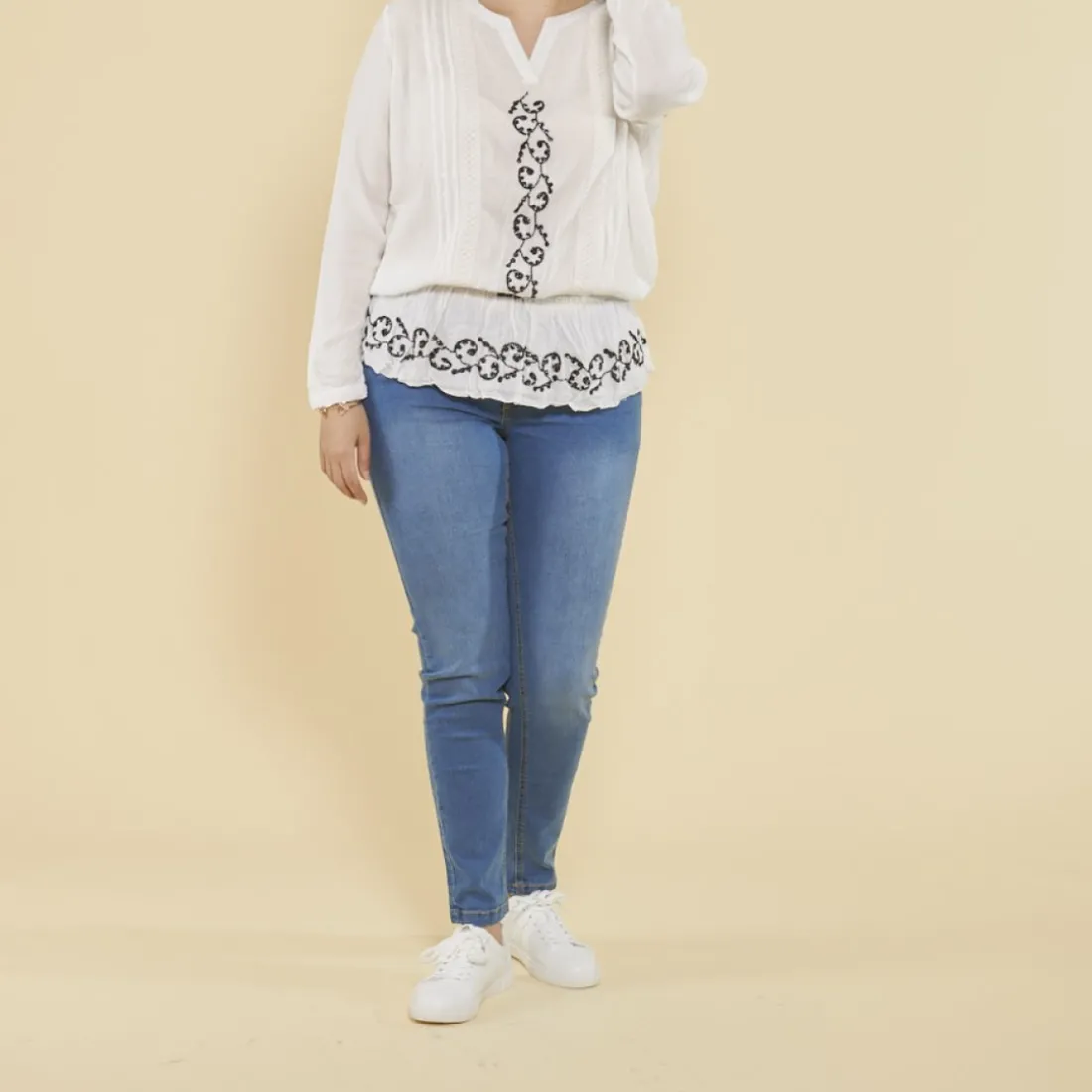 Blouse manches longues dentelle et broderie femme - écru blanc en viscose