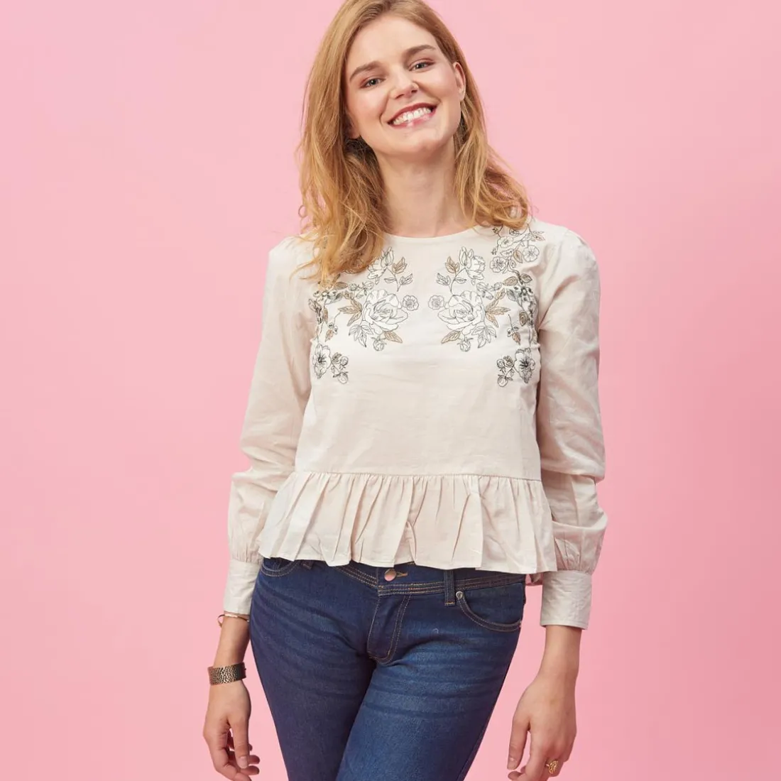 Blouse manches longues détails broderie et bas volanté 3 Suisses femme - Beige en coton