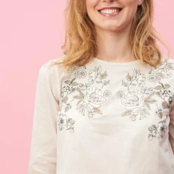 Blouse manches longues détails broderie et bas volanté 3 Suisses femme - Beige en coton