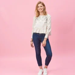 Blouse manches longues détails broderie et bas volanté 3 Suisses femme - Beige en coton